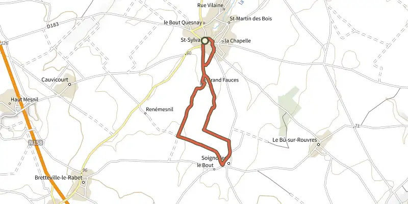 Carte du tracé de De Saint-Sylvain à Soignolles par les "Fauces" sur le Plan IGN, départ et points de passage numérotés