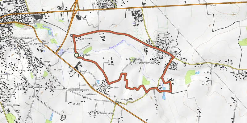 Carte du tracé de La balade roulloutine sur OpenTopoMap, départ et points de passage numérotés