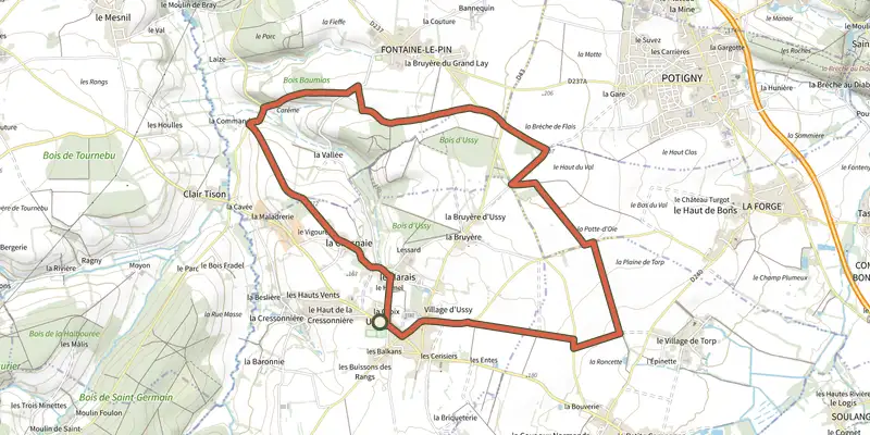 Map of the Les Pépinières track on the IGN map, with the start and numbered waypoints