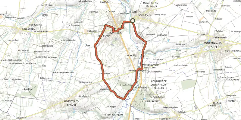 Carte du tracé de Autour de la Bataille de Tilly sur le Plan IGN, départ et points de passage numérotés