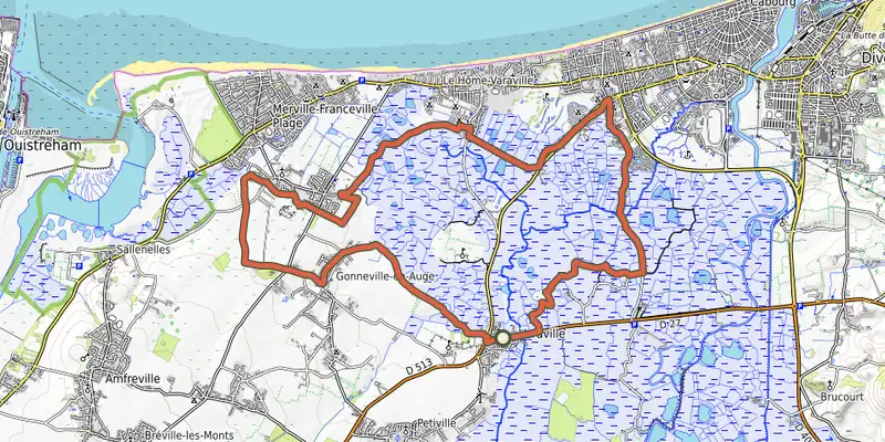 Map of the Le débarquement track on OpenTopoMap, with the start and numbered waypoints