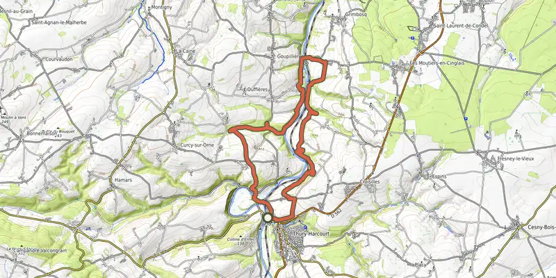 Carte du tracé de Vallée de l'Orne sur OpenTopoMap, départ et points de passage numérotés