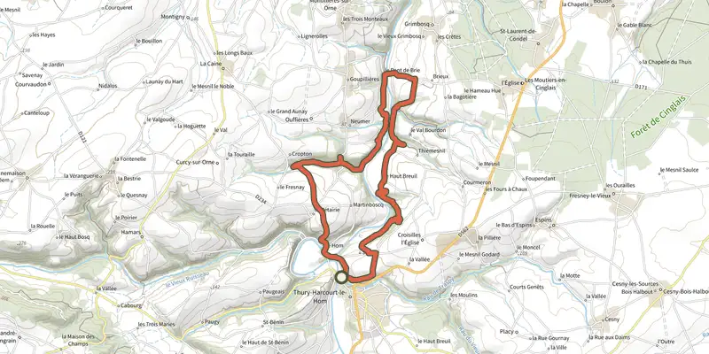 Map of the Vallée de l'Orne track on the IGN map, with the start and numbered waypoints
