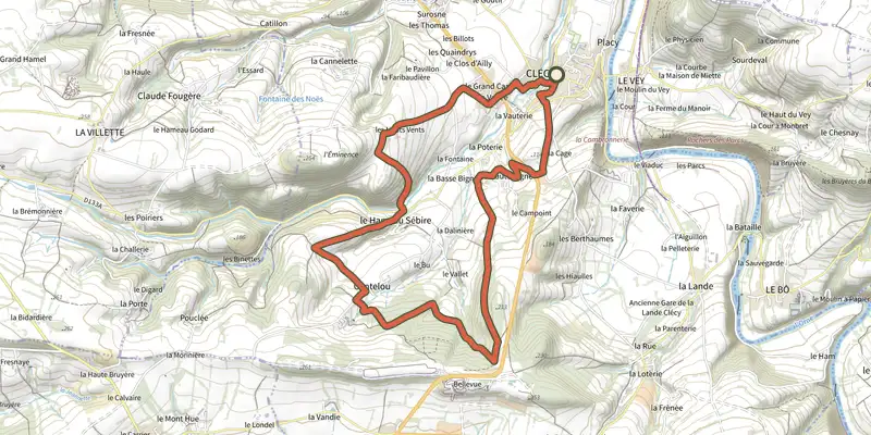 Carte du tracé de Les Hauts Vents sur OpenTopoMap, départ et points de passage numérotés