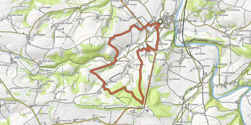 Carte du tracé de Les Hauts Vents sur OpenTopoMap, départ et points de passage numérotés