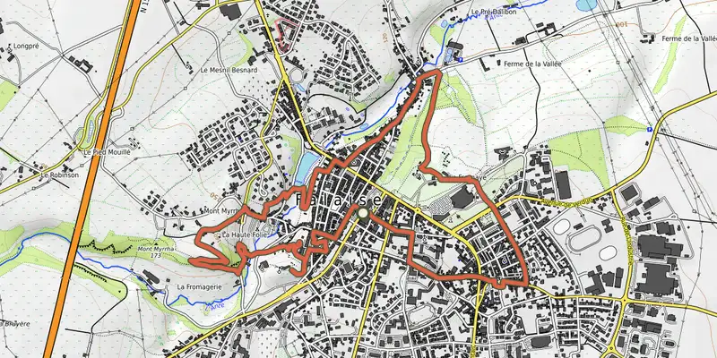 Carte du tracé de Sur les pas de Guillaume sur OpenTopoMap, départ et points de passage numérotés