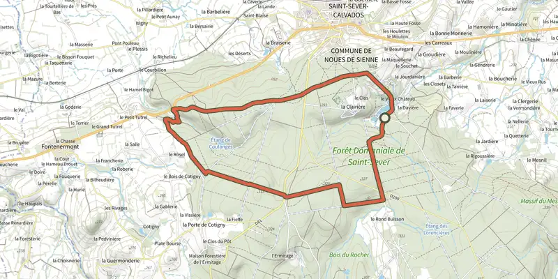 Map of the Au coeur du massif forestier track on the IGN map, with the start and numbered waypoints