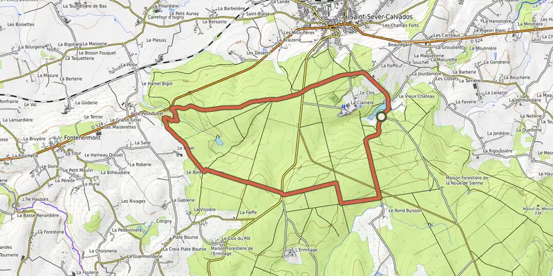 Map of the Au coeur du massif forestier track on OpenTopoMap, with the start and numbered waypoints