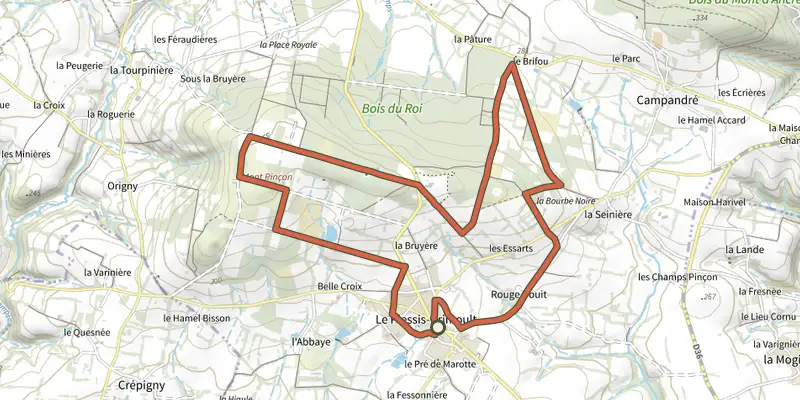 Map of the Le Mont Pinçon track on the IGN map, with the start and numbered waypoints