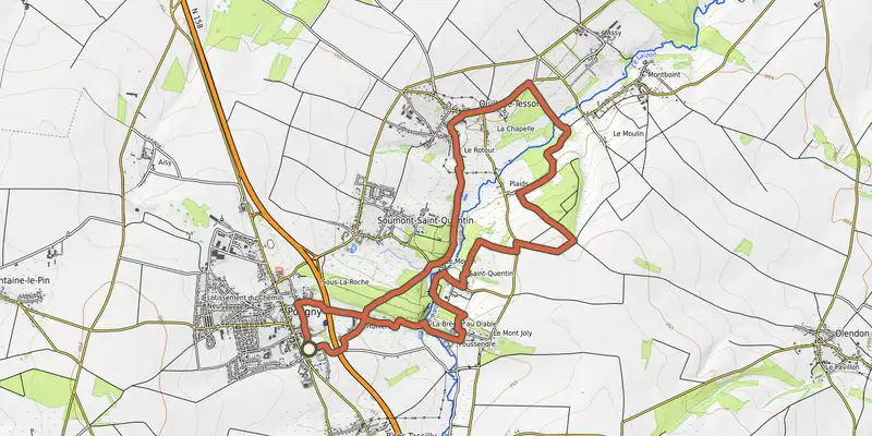 Map of the La Brèche au Diable track on OpenTopoMap, with the start and numbered waypoints
