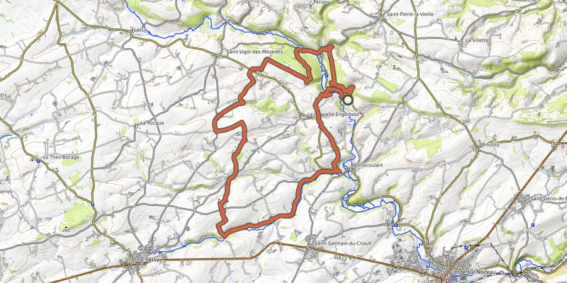 Map of the Sur les traces des pèlerins du Mont-Saint-Michel track on OpenTopoMap, with the start and numbered waypoints