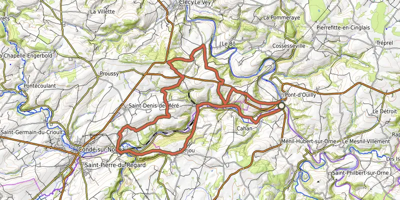 Map of the Circuit de la Vallée du Noireau track on the IGN map, with the start and numbered waypoints