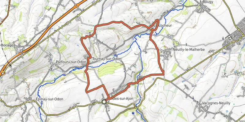 Map of the De l'Ajon à l'Odon track on OpenTopoMap, with the start and numbered waypoints