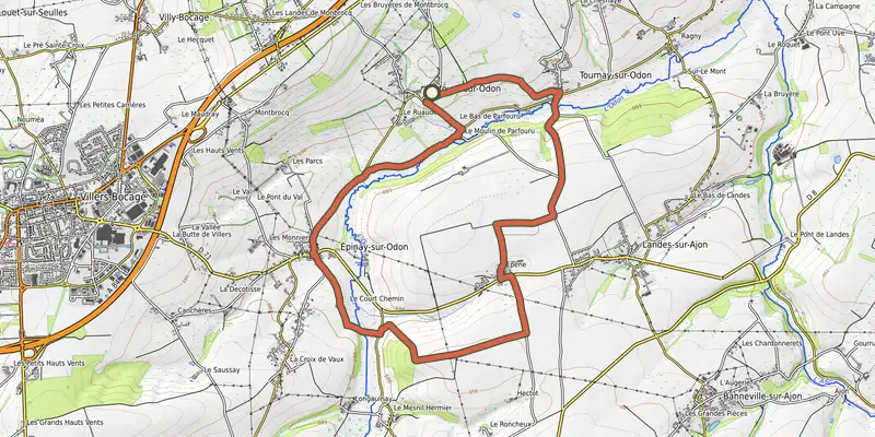 Map of the Les balcons de l'Odon track on OpenTopoMap, with the start and numbered waypoints
