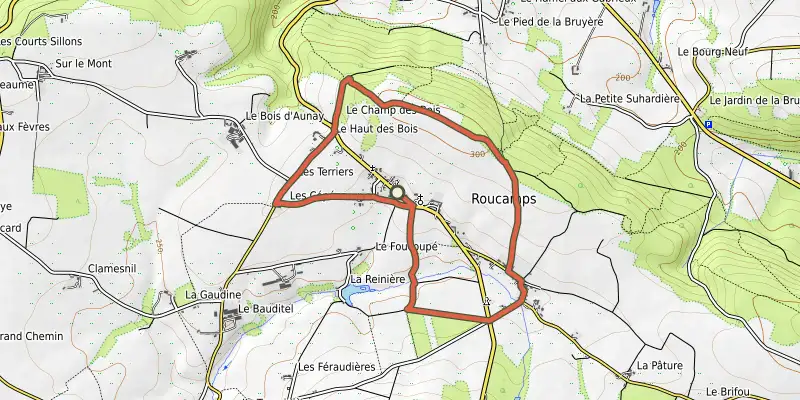 Map of the les Terres Rouges track on OpenTopoMap, with the start and numbered waypoints