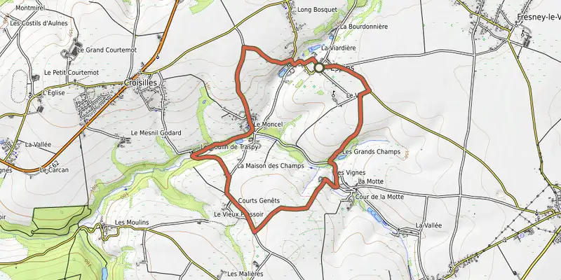 Carte du tracé de D'Espins au Moulin du Traspy sur OpenTopoMap, départ et points de passage numérotés