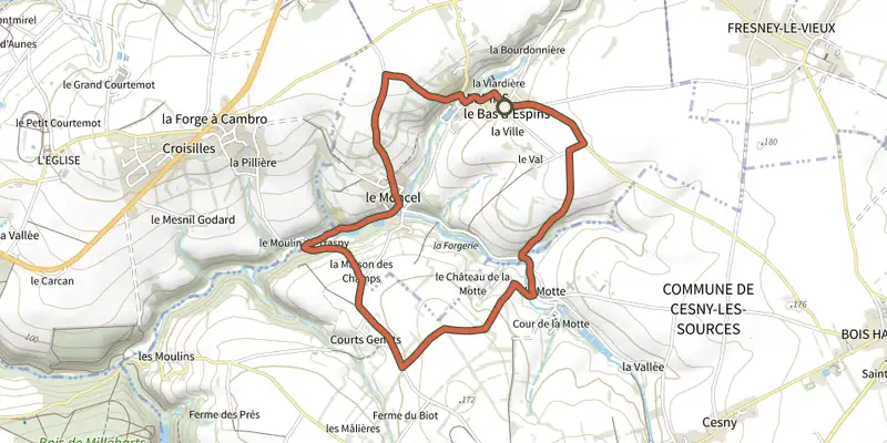 Carte du tracé de D'Espins au Moulin du Traspy sur le Plan IGN, départ et points de passage numérotés