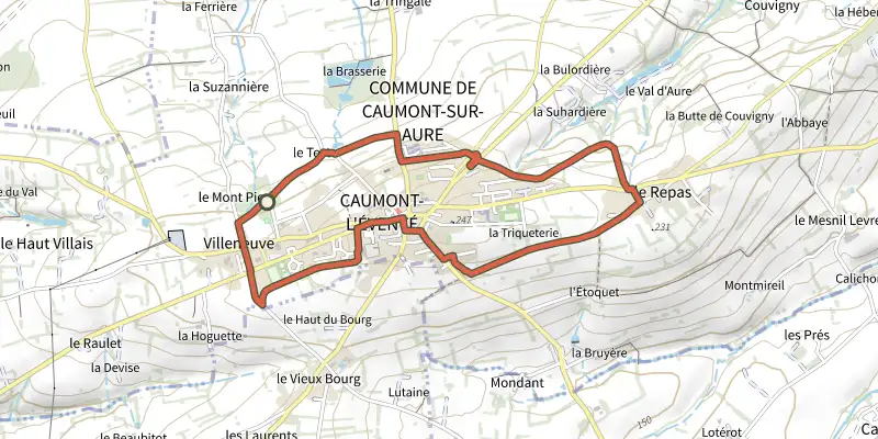 Carte du tracé de La Butte de Caumont sur OpenTopoMap, départ et points de passage numérotés