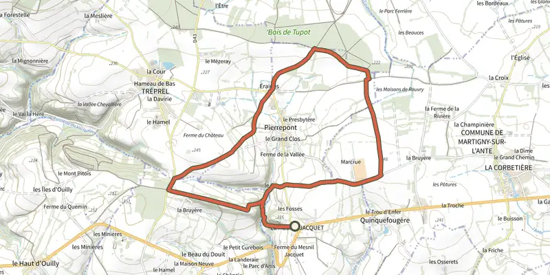Carte du tracé de Saint-Julien sur le Plan IGN, départ et points de passage numérotés
