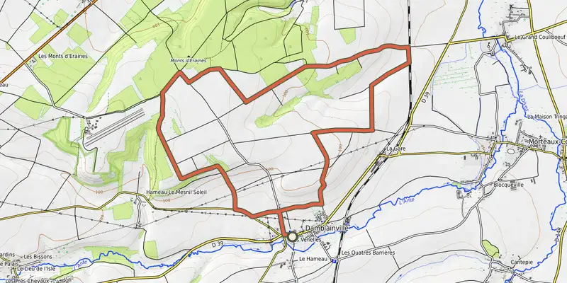 Map of the Les Terres Noires track on OpenTopoMap, with the start and numbered waypoints