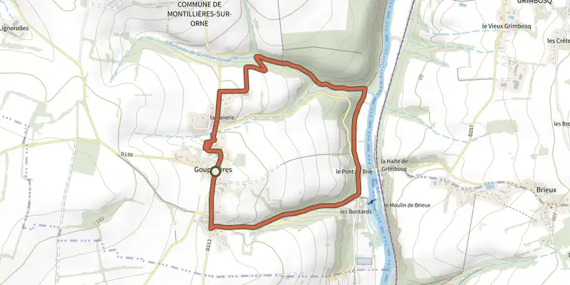 Map of the Les Berges de l'Orne track on the IGN map, with the start and numbered waypoints