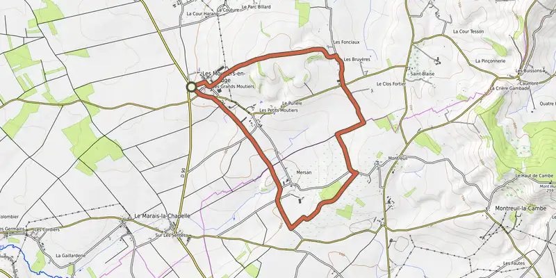 Carte du tracé de L'Orée sur OpenTopoMap, départ et points de passage numérotés