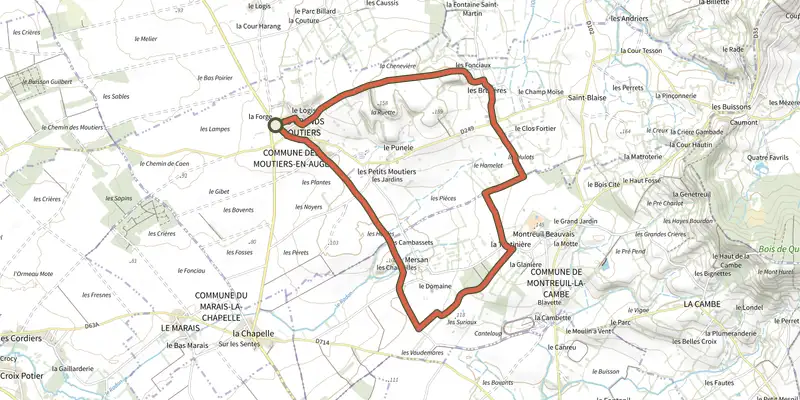 Map of the L'Orée track on the IGN map, with the start and numbered waypoints