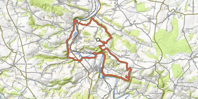 Carte du tracé de Sur les hauteurs de la Suisse Normande sur le Plan IGN, départ et points de passage numérotés