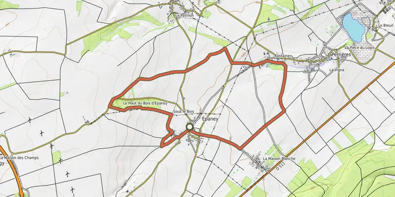 Map of the Le Lavoir track on OpenTopoMap, with the start and numbered waypoints