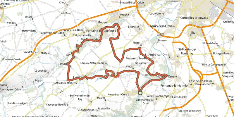 Map of the Gravel Orne Odon 3 track on OpenTopoMap, with the start and numbered waypoints