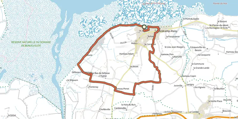Map of the Sur les bords des Veys track on OpenTopoMap, with the start and numbered waypoints