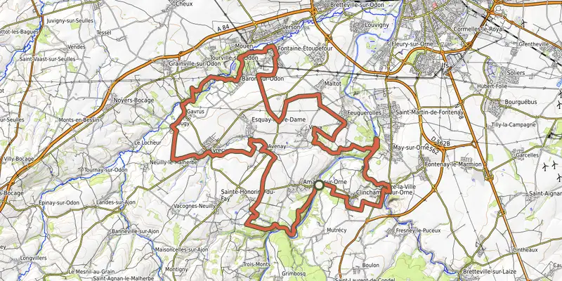 Map of the Gravel Orne Odon 4 track on OpenTopoMap, with the start and numbered waypoints