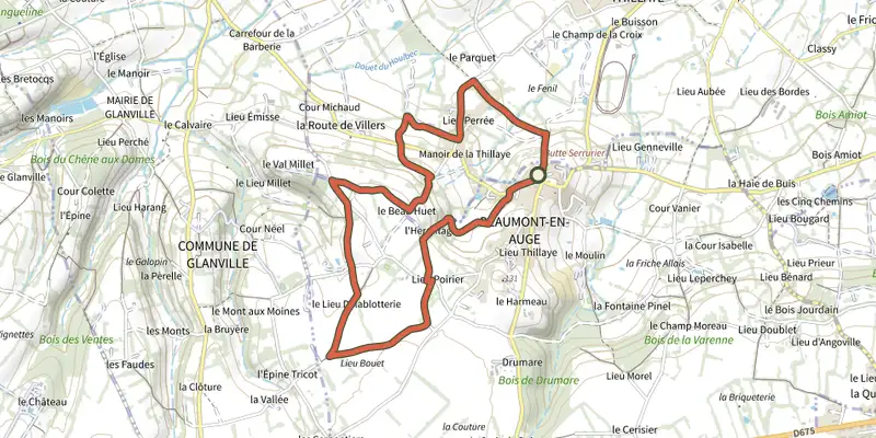 Map of the Le chemin des Buttes track on the IGN map, with the start and numbered waypoints