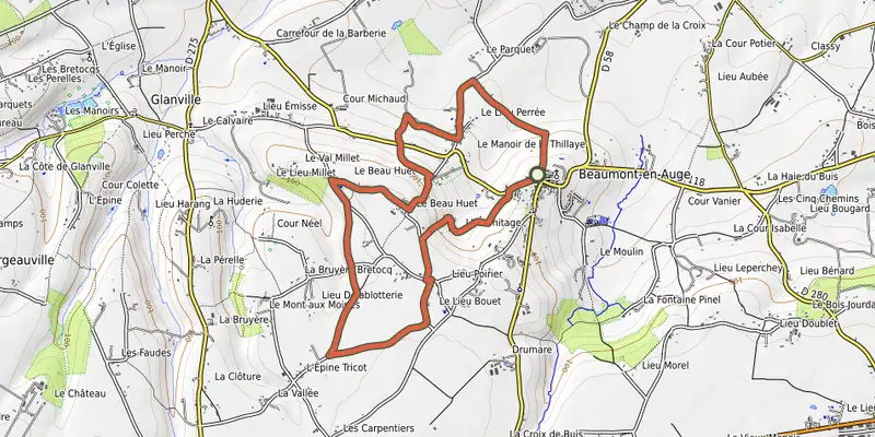 Carte du tracé de Le chemin des Buttes sur OpenTopoMap, départ et points de passage numérotés