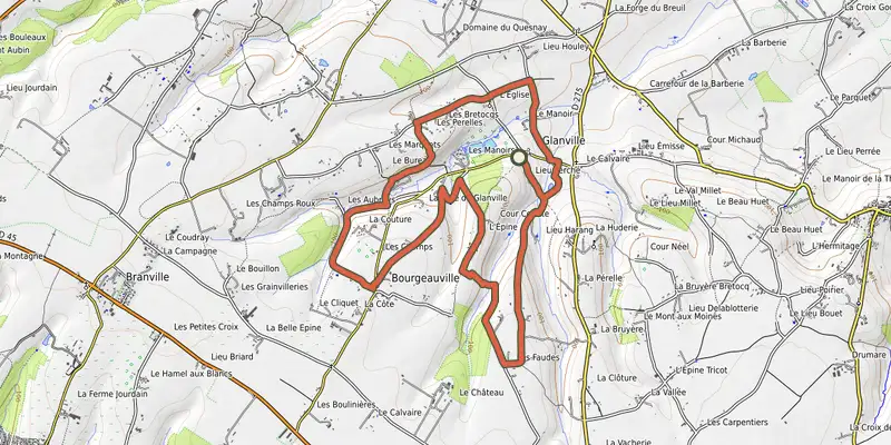Carte du tracé de De sources en fontaines sur OpenTopoMap, départ et points de passage numérotés