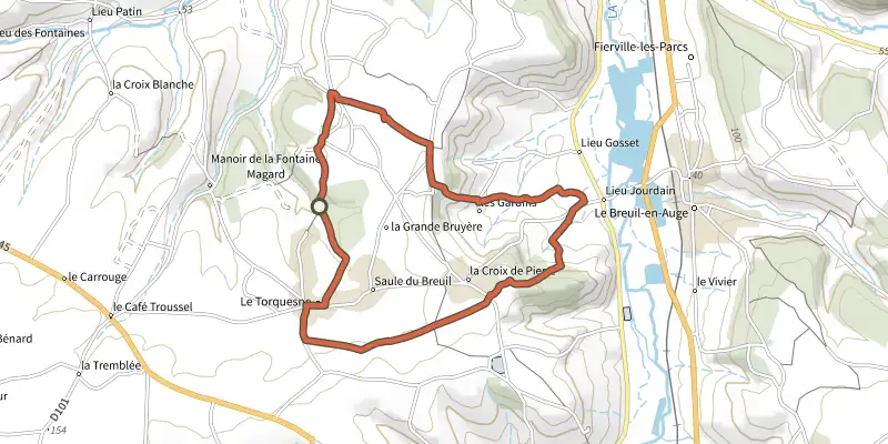 Carte du tracé de Au coeur du Bocage sur le Plan IGN, départ et points de passage numérotés