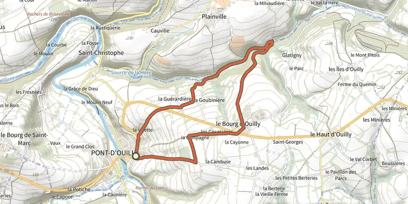 Map of the Le Val la Hère track on the IGN map, with the start and numbered waypoints