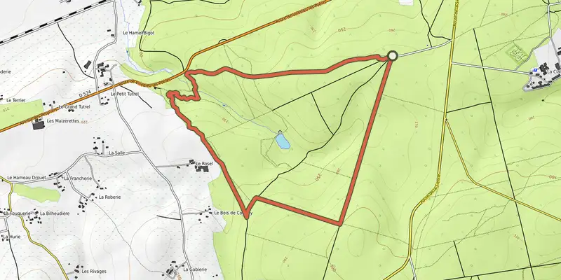 Map of the Le circuit de Boise track on the IGN map, with the start and numbered waypoints