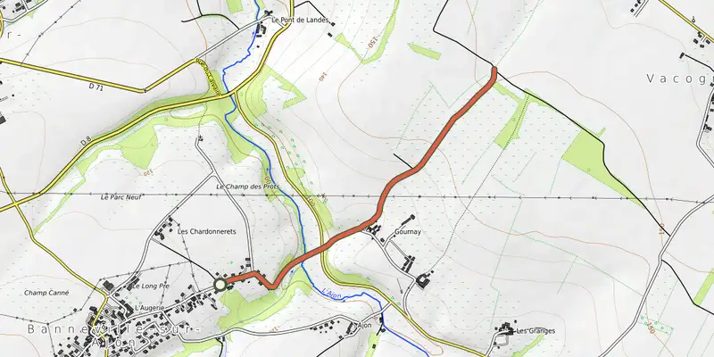 Carte du tracé de La vallée de l'Ajon sur le Plan IGN, départ et points de passage numérotés
