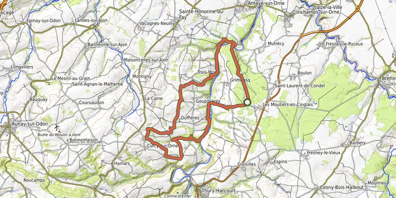 Carte du tracé de La forêt de Grimbosq et attelage sur le Plan IGN, départ et points de passage numérotés
