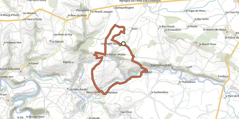 Map of the Les Saulces track on OpenTopoMap, with the start and numbered waypoints