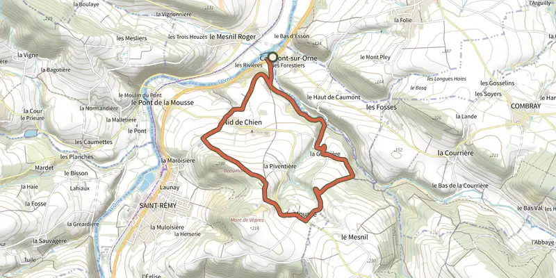 Carte du tracé de La Mousse sur le Plan IGN, départ et points de passage numérotés