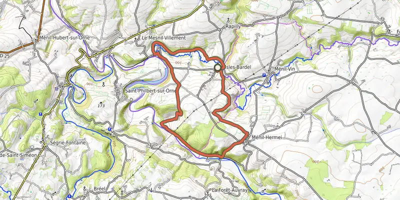 Map of the Les Coteaux de L'Orne track on OpenTopoMap, with the start and numbered waypoints
