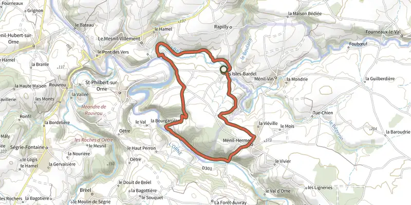 Carte du tracé de Les Coteaux de L'Orne sur le Plan IGN, départ et points de passage numérotés