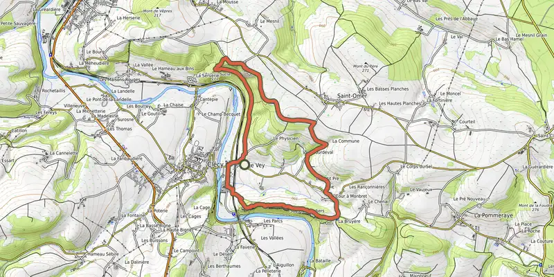 Map of the Pain de Sucre et Rochers des Parcs track on OpenTopoMap, with the start and numbered waypoints