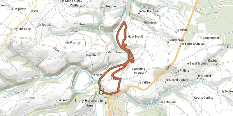 Carte du tracé de Les Costils d'Aunes sur le Plan IGN, départ et points de passage numérotés