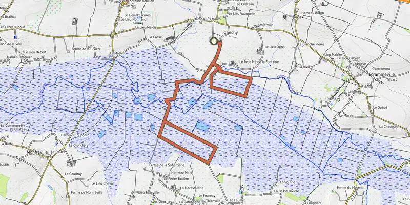 Carte du tracé de Les cigognes des marais de l'Aure sur OpenTopoMap, départ et points de passage numérotés