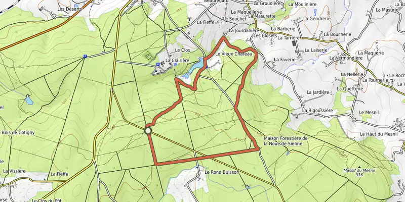 Carte du tracé de Les étangs du vieux château sur OpenTopoMap, départ et points de passage numérotés