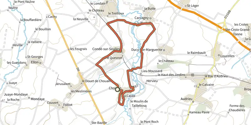 Carte du tracé de La Vallée de la Seulles sur OpenTopoMap, départ et points de passage numérotés