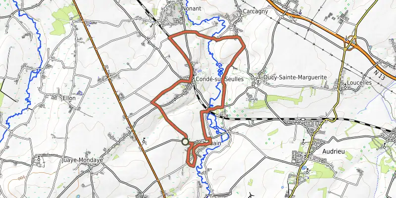 Carte du tracé de La Vallée de la Seulles sur OpenTopoMap, départ et points de passage numérotés